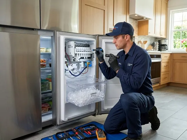 A technician replacing the ice maker assembly inside a refrigerator freezer