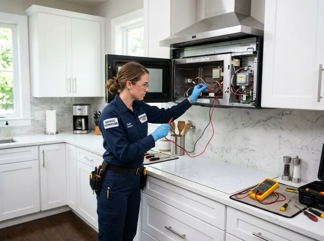 Appliance Repair Hero technician testing an over-the-range microwave in a Alameda, CA kitchen
